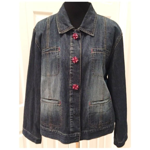 Chico’s L Pink Flower Close Dark Wash Jean Jacket - Picture 7 of 7